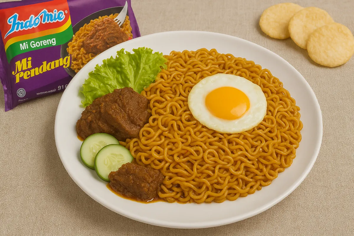 Mie instan goreng rasa rendang khas Indonesia dari Indomie