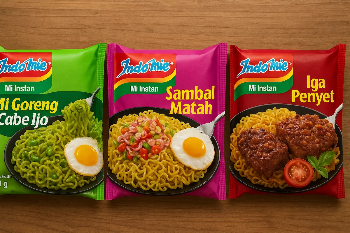Tiga varian pedas Indomie: cabe ijo, sambal matah, dan mie instan goreng rasa iga penyet