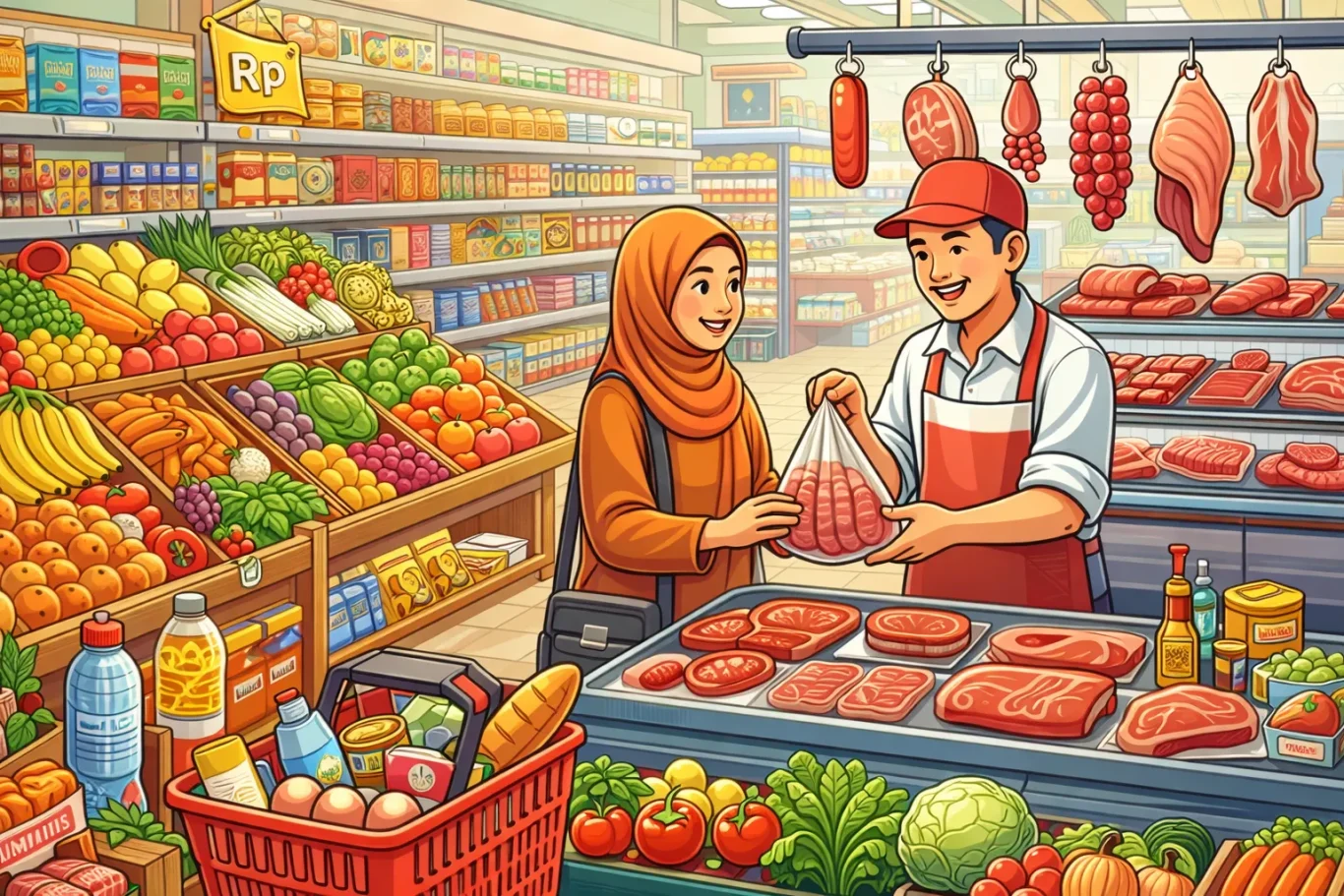 Suasana belanja di swalayan lokal Kota Kendari dengan pengunjung memilih kebutuhan harian di dalam supermarket