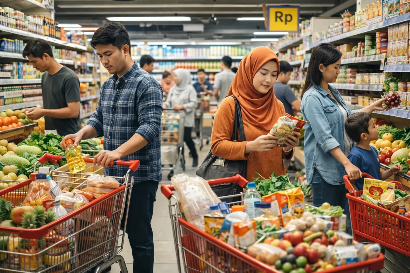 Aktivitas belanja bahan makanan dan produk rumah tangga di supermarket modern yang melayani warga Kendari.
