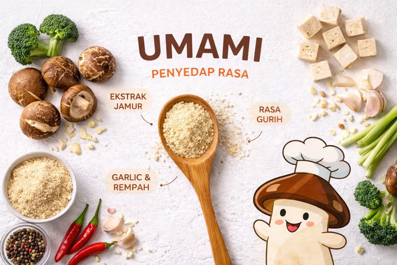 komposisi bahan dapur dan penyedap rasa gurih yang menunjukkan totole adalah bagian dari bumbu masak sehari-hari